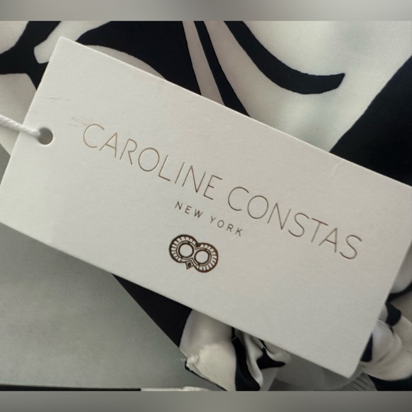 NWT CAROLINE CONSTAS BLACK AND WHITE TROPICAL GEOMETRIC KEYHOLE CUT OUT BLOUSE - Picture 5 of 5